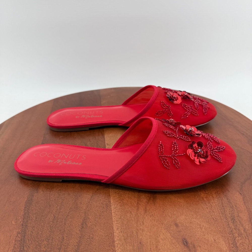 Coconuts by Matisse Maven Flats Women Red Floral Sequin Mesh Mules 10M